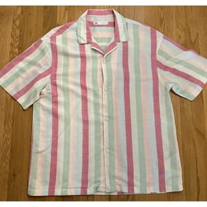Zara Linen Blend Camp Collar Shirt Mens Large Pink Green Stripe Short Sleeve